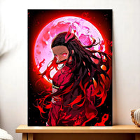 tableau Nezuko dessin manga Les Bois d Aurore art mural rouge et noir montrant Nezuko devant une lune pleine