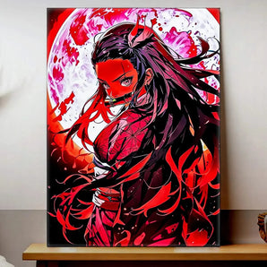 tableau Nezuko dessin manga Les Bois d Aurore art mural rouge et noir montrant Nezuko devant une lune pleine