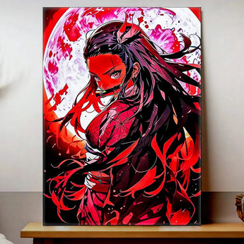 tableau Nezuko dessin manga Les Bois d Aurore art mural rouge et noir montrant Nezuko devant une lune pleine