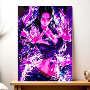 tableau Nico Robin style anime violet et noir illustration dynamique de personnage en pose magique décoration murale