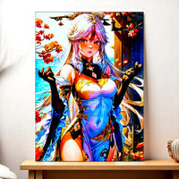 tableau Ningguang manga Les Bois d Aurore personnage féminin aux cheveux argentés décor automnal et bord de mer