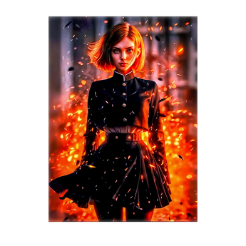 tableau manga Nobara portrait d'une héroïne en uniforme noir, cheveux courts, flammes et étincelles