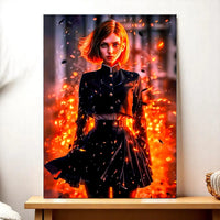 tableau manga Nobara représentant une jeune femme en uniforme scolaire noir debout parmi des flammes et des braises