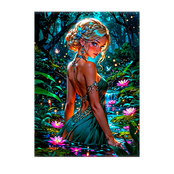 tableau nymphe fantaisie Les Bois dAurore nymphe blonde en robe verte au bord d un etang de nenuphars lumineux et magique