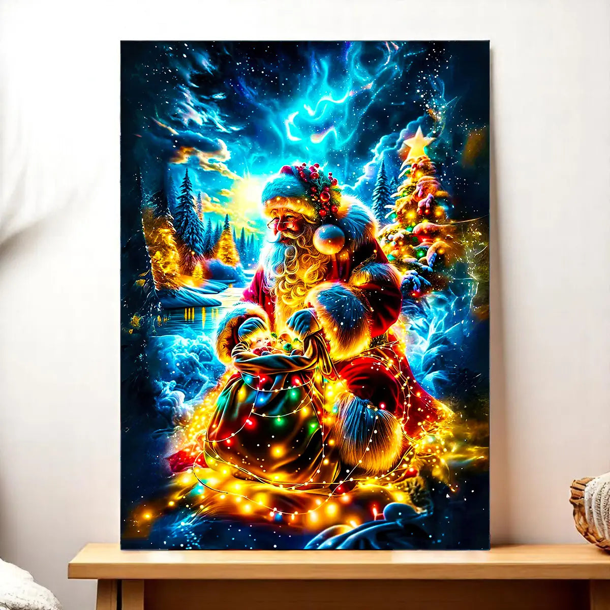 Tableau Père Noël Les Bois d’Aurore : toile illustrée lumineuse, ambiance de Noël chaleureuse