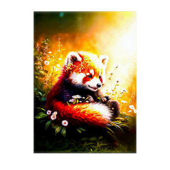 Tableau panda roux Les Bois d'Aurore peinture chaleureuse d'un panda roux lové parmi fleurs et lumière dorée