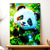 tableau panda décoratif coloré sur toile par Les Bois dAurore montrant un panda joueur dans un feuillage lumineux avec bulle brillante