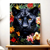 tableau panthère fleurs Les Bois dAurore portrait de panthère noire aux yeux jaunes entourée de fleurs colorées