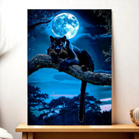 tableau panthère noire Les Bois d Aurore panthère posée sur une branche sous une pleine lune bleu nuit