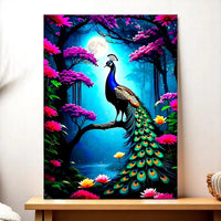 tableau paon dessiné à la main par Les Bois d'Aurore déco murale paon sur branche nocturne avec fleurs colorées