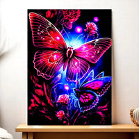tableau papillon violet Les Bois d Aurore affichant deux papillons lumineux magenta et bleu sur fond noir