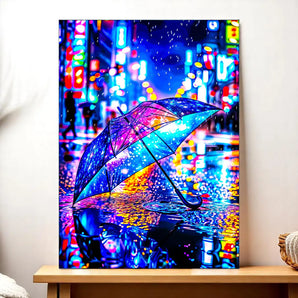 tableau parapluie artistique coloré de Les Bois d Aurore montrant un parapluie néon sous la pluie et son reflet