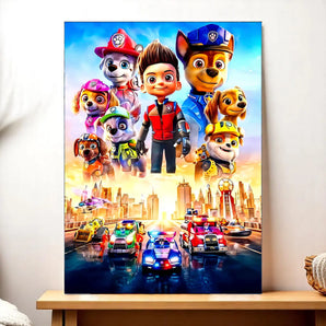 tableau Pat Patrouille coloré pour chambre enfant avec personnages chiots et véhicules de secours