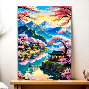 tableau paysage japonais Les Bois d'Aurore montrant le Mont Fuji, cerisiers en fleurs et maisons traditionnelles au bord d'un lac