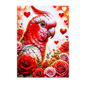 tableau perroquet rose vibrant montrant un perroquet rose et rouge entouré de roses rouges et coeurs romantiques