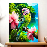 tableau perroquet tropical Les Bois d Aurore montrant un perroquet coloré sur branche avec fleurs exotiques