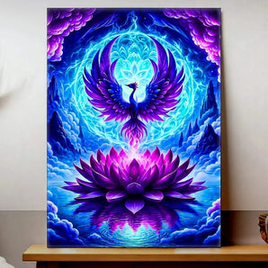 tableau phoenix lotus Les Bois d Aurore peinture murale bleu violet phoenix se leve d un lotus lumineux reflechi sur l eau
