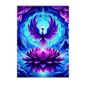 tableau phoenix lotus Les Bois dAurore peinture murale vision mystique en violet et bleu oiseau renaissant