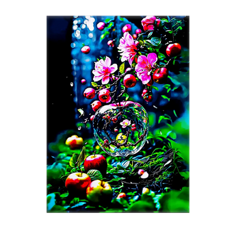 tableau pomme dessin main illustrant pommes rouges fleurs roses et une pomme en verre sur fond vert