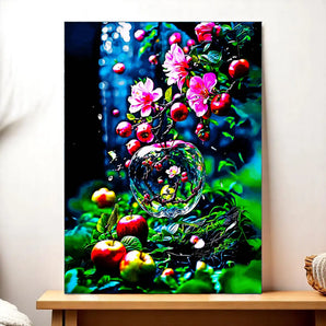 tableau pomme dessin main Les Bois d Aurore peinture colorée de pommes et fleurs pour décoration murale