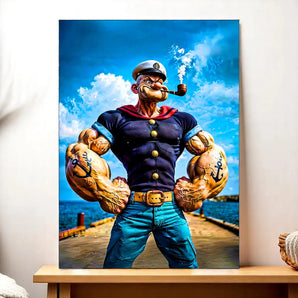 tableau Popeye décoration murale grand format montrant Popeye marin musclé fumant sa pipe au port