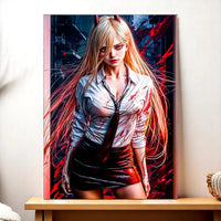 tableau manga femme puissante avec guerrière blonde regard intense chemise blanche tachée de sang