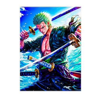 tableau Roronoa Zoro Les Bois d Aurore portrait coloré de Zoro aux cheveux verts avec trois sabres sur fond océan