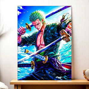tableau Roronoa Zoro sur toile style manga montrant Zoro cheveux verts trois sabres et ocean