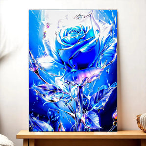 tableau rose bleue sur toile Les Bois d Aurore rose bleue lumineuse avec pétales et gouttes cristallines