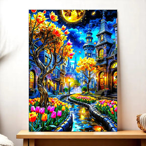 tableau rue fleurie Les Bois d'Aurore peinture colorée d'une rue pavée nocturne avec tulipes arbres et lanternes