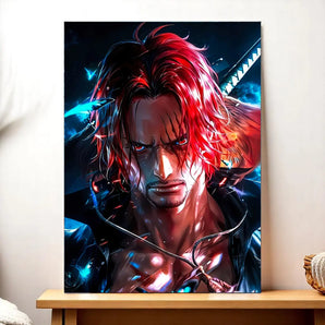 tableau Shanks le Roux par Les Bois d'Aurore portrait animé aux cheveux rouges, épée et éclairages dramatiques