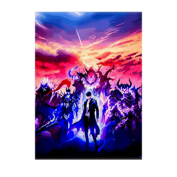 Tableau Solo Leveling Arise de Les Bois d'Aurore représentant un héros entouré de créatures fantastiques colorées