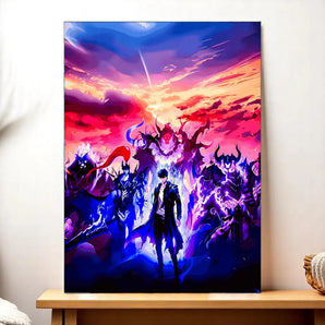 Tableau Solo Leveling Arise avec illustration colorée de personnages fantastiques et ambiance épique