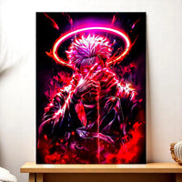 tableau Sukuna manga grand format montrant personnage sombre au visage partiellement caché auréole rouge et effets néon