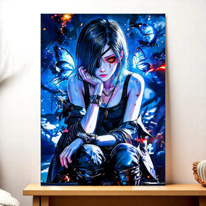 tableau Touka Kirishima reproduction sur toile style manga personnage aux yeux rouges et papillons bleus