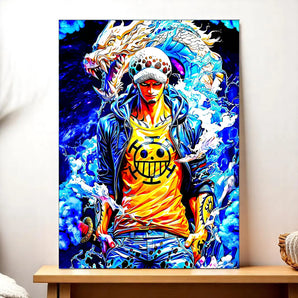 tableau Trafalgar Law coloré bleu et jaune sur toile grand format représentant le personnage avec dragon décoratif pour mur