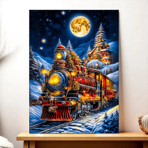 tableau train Noël peinture décorative locomotive vintage festive paysage hivernal lumineux et détaillé