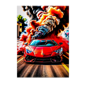 tableau voiture de sport rouge sur route urbaine avec nuages de fumee coloree style poster artistique