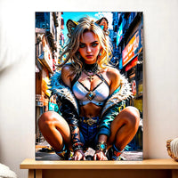 tableau personnage manga Les Bois d'Aurore femme féline accroupie en rue urbaine couleurs vives décor mural