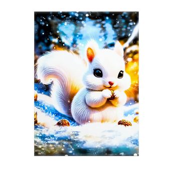 tableau écureuil blanc représentant un écureuil blanc mignon dans la neige tenant une noisette et lumière chaude
