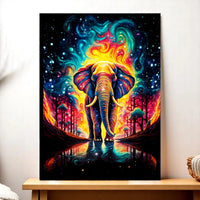 Tableau Éléphant Voyage coloré avec un éléphant lumineux dans un paysage onirique vibrant