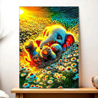 Tableau Éléphanteau coloré représentant un bébé éléphant joyeux dans un champ de fleurs