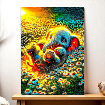 Tableau Éléphanteau coloré représentant un bébé éléphant joyeux dans un champ de fleurs