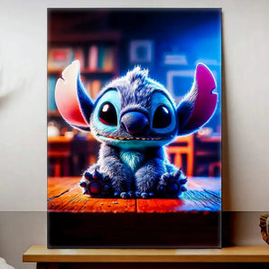 tableau Stitch dessin animé vibrant par Les Bois d Aurore illustration colorée encadrée pour chambre enfant ou salon