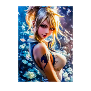 tableau Lucy Heartfilia portrait anime femme blonde regard intense tatouage guild fond floral bleu lumineux