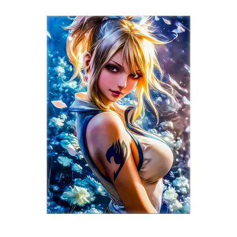 tableau Lucy Heartfilia portrait anime femme blonde regard intense tatouage guild fond floral bleu lumineux