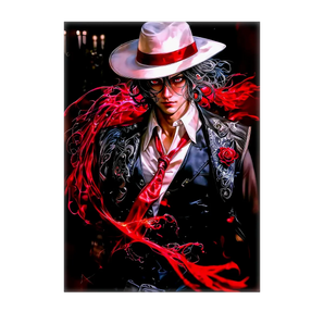tableau Muzan Kibutsuji par Les Bois dAurore, portrait dramatique en chapeau blanc, veste brodée et volutes rouges