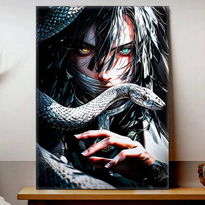 tableau Obanai Iguro manga portrait sombre avec serpent blanc enroulé et yeux hétérochromes