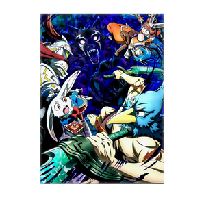 tableau manga shangri-la frontier illustration dynamique couleurs vives héros lapin et oiseau armé affrontent une bête noire