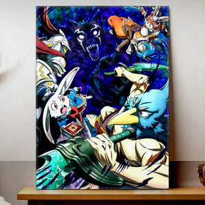 tableau manga shangri-la frontier par Les Bois d Aurore montrant un guerrier oiseau un lapin héroïque et un monstre sombre
